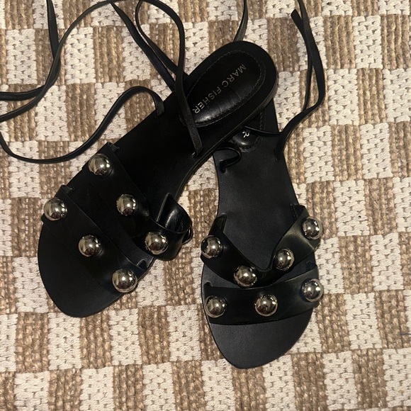 Marc Fisher Black Leather Sandals with Metallic Accents - Picture 10 of 10